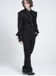 Black Crinkled Shiny Woven Chest Drawstring Decorative Lace Trim Lapel Long Lantern Sleeves Gothic Style Men's Shirt