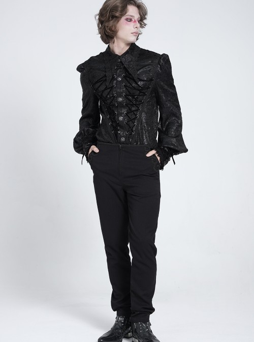 Black Crinkled Shiny Woven Chest Drawstring Decorative Lace Trim Lapel Long Lantern Sleeves Gothic Style Men's Shirt