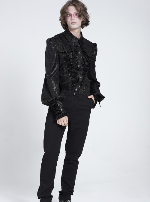 Black Crinkled Shiny Woven Chest Drawstring Decorative Lace Trim Lapel Long Lantern Sleeves Gothic Style Men's Shirt