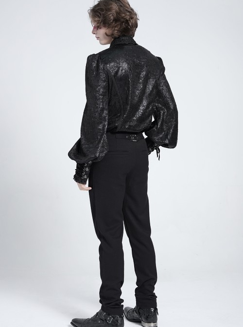 Black Crinkled Shiny Woven Chest Drawstring Decorative Lace Trim Lapel Long Lantern Sleeves Gothic Style Men's Shirt
