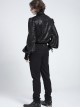 Black Crinkled Shiny Woven Chest Drawstring Decorative Lace Trim Lapel Long Lantern Sleeves Gothic Style Men's Shirt