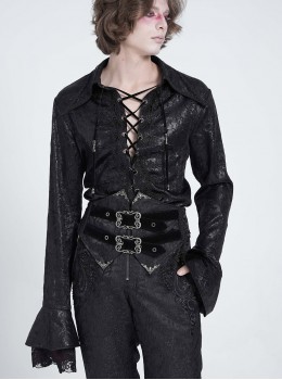Black Bright Glossy 3D Random Pattern Woven Lapel Front Chest Tie Rope Decoration Pointed Hem Long Sleeves Gothic Style Men's Shirt