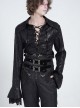 Black Bright Glossy 3D Random Pattern Woven Lapel Front Chest Tie Rope Decoration Pointed Hem Long Sleeves Gothic Style Men's Shirt