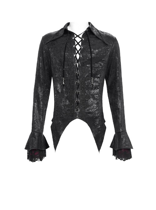 Black Bright Glossy 3D Random Pattern Woven Lapel Front Chest Tie Rope Decoration Pointed Hem Long Sleeves Gothic Style Men's Shirt