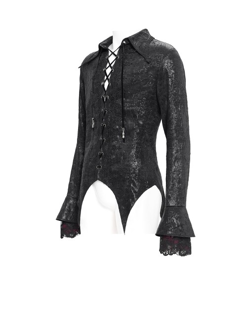 Black Bright Glossy 3D Random Pattern Woven Lapel Front Chest Tie Rope Decoration Pointed Hem Long Sleeves Gothic Style Men's Shirt