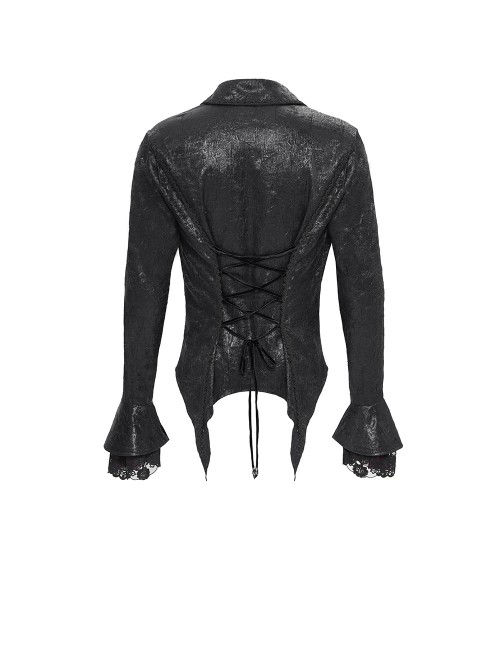 Black Bright Glossy 3D Random Pattern Woven Lapel Front Chest Tie Rope Decoration Pointed Hem Long Sleeves Gothic Style Men's Shirt