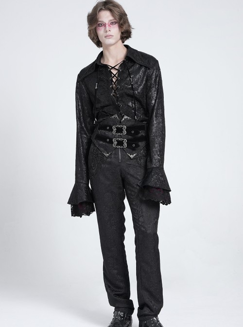 Black Bright Glossy 3D Random Pattern Woven Lapel Front Chest Tie Rope Decoration Pointed Hem Long Sleeves Gothic Style Men's Shirt