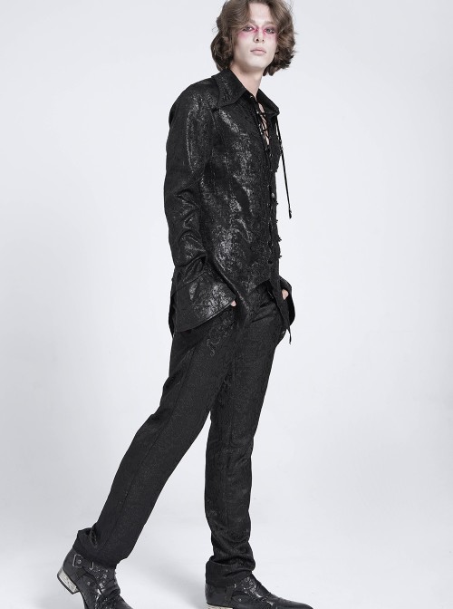 Black Bright Glossy 3D Random Pattern Woven Lapel Front Chest Tie Rope Decoration Pointed Hem Long Sleeves Gothic Style Men's Shirt
