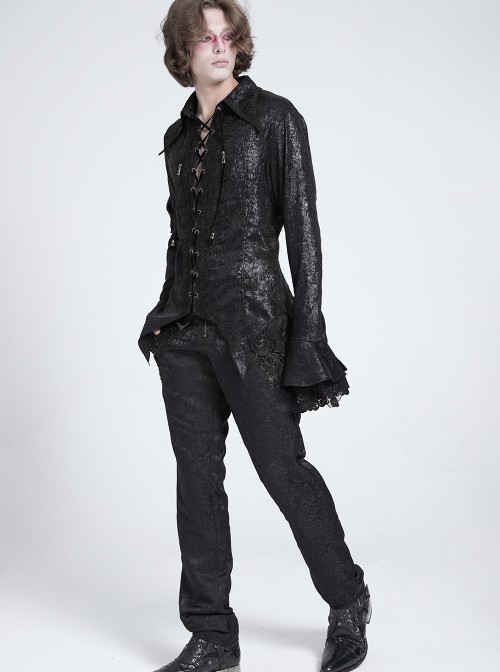 Black Bright Glossy 3D Random Pattern Woven Lapel Front Chest Tie Rope Decoration Pointed Hem Long Sleeves Gothic Style Men's Shirt