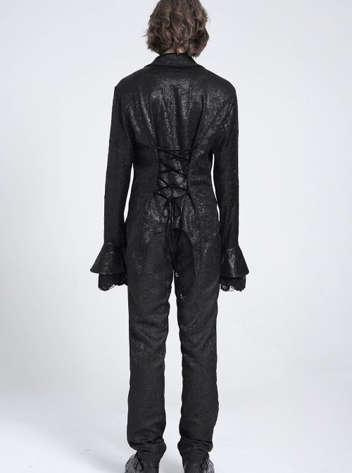 Black Bright Glossy 3D Random Pattern Woven Lapel Front Chest Tie Rope Decoration Pointed Hem Long Sleeves Gothic Style Men's Shirt