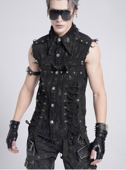 Black Twill Distressed Craft Raw Edges Vest Lapel Front Rivets Tie Ropes Decoration Punk Style Men's Sleeveless Shirt