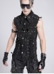Black Twill Distressed Craft Raw Edges Vest Lapel Front Rivets Tie Ropes Decoration Punk Style Men's Sleeveless Shirt