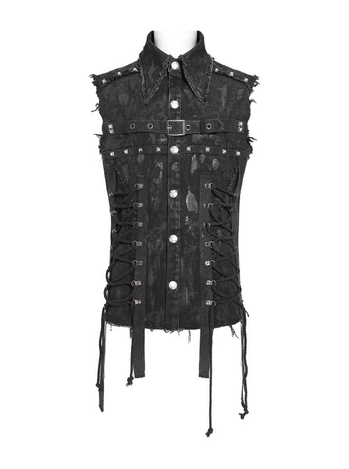 Black Twill Distressed Craft Raw Edges Vest Lapel Front Rivets Tie Ropes Decoration Punk Style Men's Sleeveless Shirt