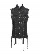 Black Twill Distressed Craft Raw Edges Vest Lapel Front Rivets Tie Ropes Decoration Punk Style Men's Sleeveless Shirt