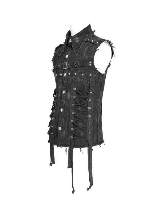 Black Twill Distressed Craft Raw Edges Vest Lapel Front Rivets Tie Ropes Decoration Punk Style Men's Sleeveless Shirt