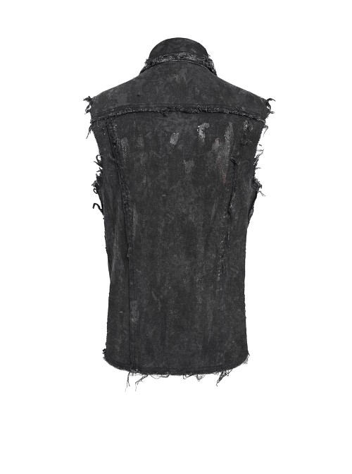 Black Twill Distressed Craft Raw Edges Vest Lapel Front Rivets Tie Ropes Decoration Punk Style Men's Sleeveless Shirt