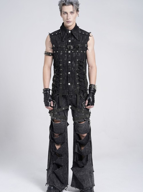 Black Twill Distressed Craft Raw Edges Vest Lapel Front Rivets Tie Ropes Decoration Punk Style Men's Sleeveless Shirt