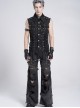 Black Twill Distressed Craft Raw Edges Vest Lapel Front Rivets Tie Ropes Decoration Punk Style Men's Sleeveless Shirt