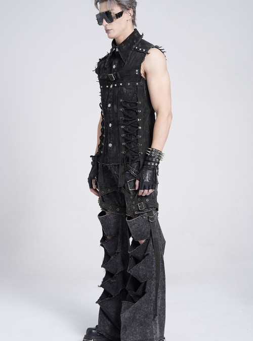 Black Twill Distressed Craft Raw Edges Vest Lapel Front Rivets Tie Ropes Decoration Punk Style Men's Sleeveless Shirt