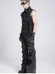 Black Twill Distressed Craft Raw Edges Vest Lapel Front Rivets Tie Ropes Decoration Punk Style Men's Sleeveless Shirt