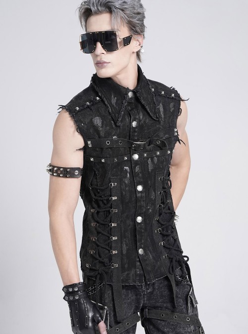 Black Twill Distressed Craft Raw Edges Vest Lapel Front Rivets Tie Ropes Decoration Punk Style Men's Sleeveless Shirt