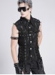 Black Twill Distressed Craft Raw Edges Vest Lapel Front Rivets Tie Ropes Decoration Punk Style Men's Sleeveless Shirt