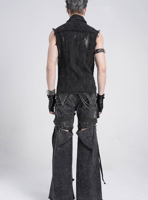 Black Twill Distressed Craft Raw Edges Vest Lapel Front Rivets Tie Ropes Decoration Punk Style Men's Sleeveless Shirt