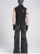 Black Twill Distressed Craft Raw Edges Vest Lapel Front Rivets Tie Ropes Decoration Punk Style Men's Sleeveless Shirt