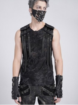 Black Two-Color Knitted Irregular Burnt Raw Edge Vest Shoulders Imitation Leather Woven Straps Decoration Punk Style Men's Sleeveless T-Shirt