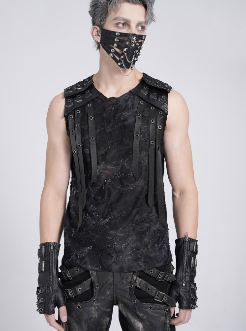 Black Two-Color Knitted Irregular Burnt Raw Edge Vest Shoulders Imitation Leather Woven Straps Decoration Punk Style Men's Sleeveless T-Shirt