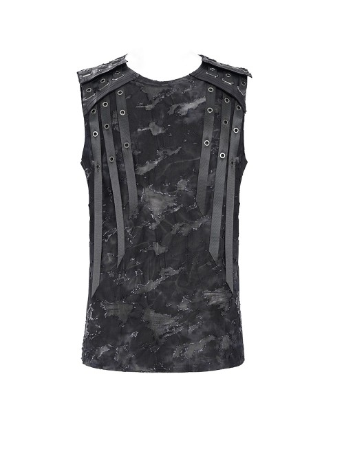Black Two-Color Knitted Irregular Burnt Raw Edge Vest Shoulders Imitation Leather Woven Straps Decoration Punk Style Men's Sleeveless T-Shirt