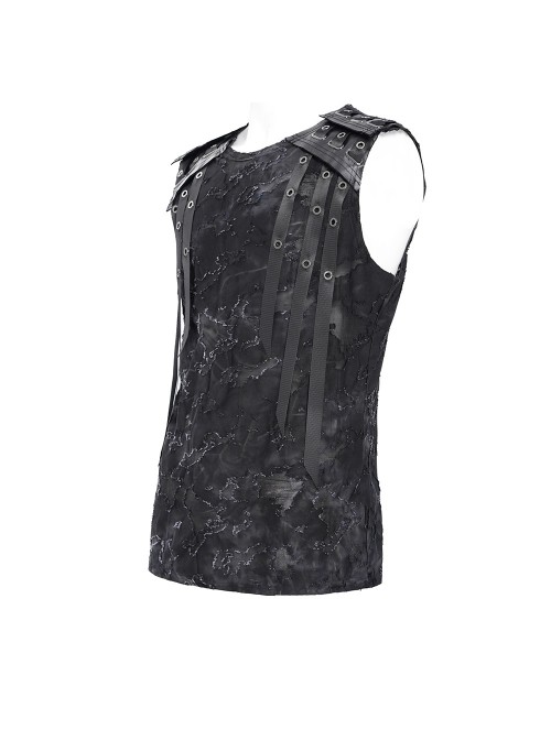 Black Two-Color Knitted Irregular Burnt Raw Edge Vest Shoulders Imitation Leather Woven Straps Decoration Punk Style Men's Sleeveless T-Shirt