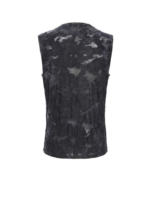 Black Two-Color Knitted Irregular Burnt Raw Edge Vest Shoulders Imitation Leather Woven Straps Decoration Punk Style Men's Sleeveless T-Shirt