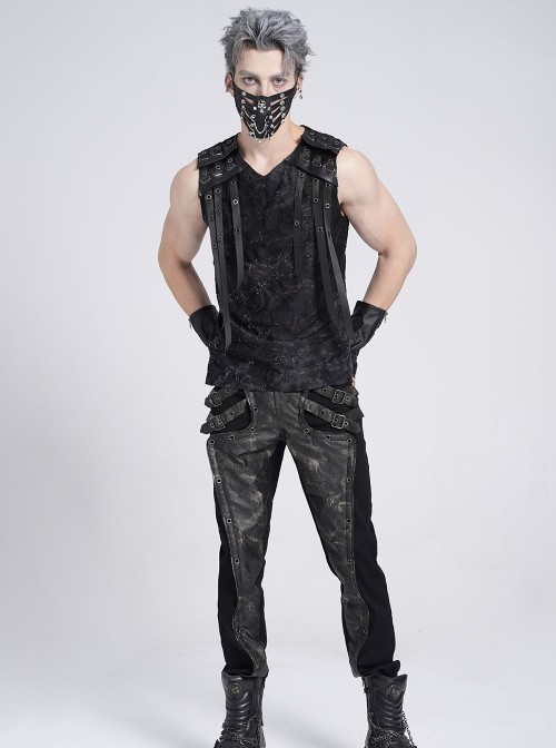 Black Two-Color Knitted Irregular Burnt Raw Edge Vest Shoulders Imitation Leather Woven Straps Decoration Punk Style Men's Sleeveless T-Shirt