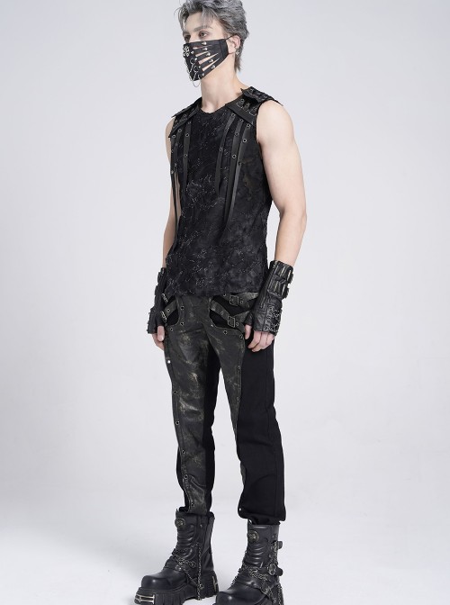 Black Two-Color Knitted Irregular Burnt Raw Edge Vest Shoulders Imitation Leather Woven Straps Decoration Punk Style Men's Sleeveless T-Shirt