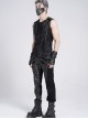 Black Two-Color Knitted Irregular Burnt Raw Edge Vest Shoulders Imitation Leather Woven Straps Decoration Punk Style Men's Sleeveless T-Shirt