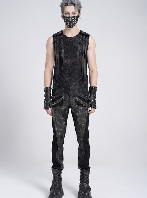 Black Two-Color Knitted Irregular Burnt Raw Edge Vest Shoulders Imitation Leather Woven Straps Decoration Punk Style Men's Sleeveless T-Shirt