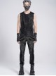 Black Two-Color Knitted Irregular Burnt Raw Edge Vest Shoulders Imitation Leather Woven Straps Decoration Punk Style Men's Sleeveless T-Shirt