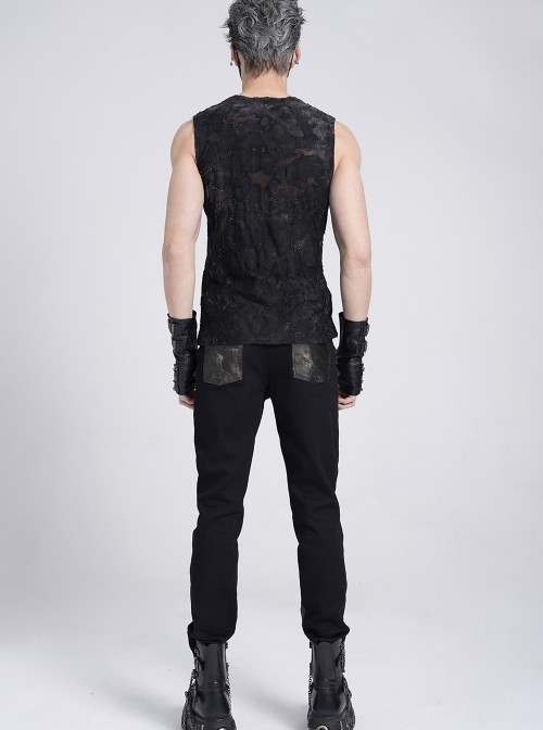 Black Two-Color Knitted Irregular Burnt Raw Edge Vest Shoulders Imitation Leather Woven Straps Decoration Punk Style Men's Sleeveless T-Shirt