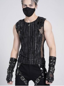 Black Tie-Dye Knitted Vest Sides Splicing Mesh Shoulders Glazed Leather Decoration Punk Style Men's Sleeveless T-Shirt