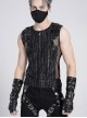 Black Tie-Dye Knitted Vest Sides Splicing Mesh Shoulders Glazed Leather Decoration Punk Style Men's Sleeveless T-Shirt