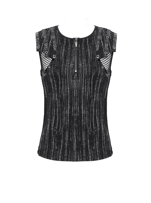 Black Tie-Dye Knitted Vest Sides Splicing Mesh Shoulders Glazed Leather Decoration Punk Style Men's Sleeveless T-Shirt