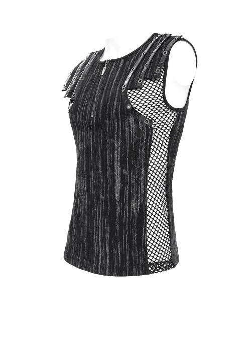 Black Tie-Dye Knitted Vest Sides Splicing Mesh Shoulders Glazed Leather Decoration Punk Style Men's Sleeveless T-Shirt