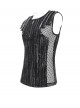 Black Tie-Dye Knitted Vest Sides Splicing Mesh Shoulders Glazed Leather Decoration Punk Style Men's Sleeveless T-Shirt