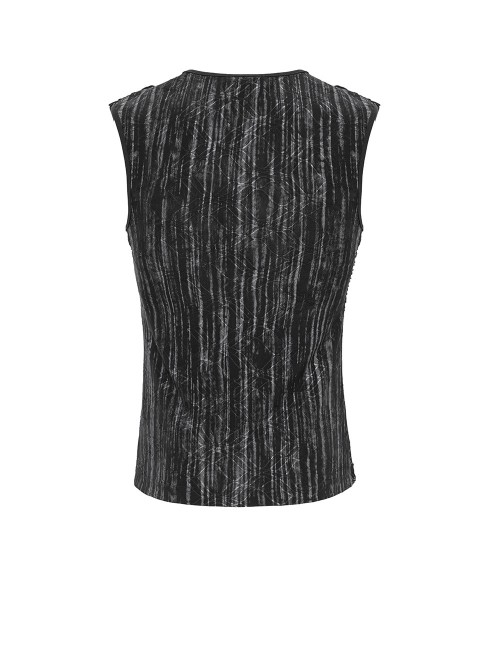Black Tie-Dye Knitted Vest Sides Splicing Mesh Shoulders Glazed Leather Decoration Punk Style Men's Sleeveless T-Shirt