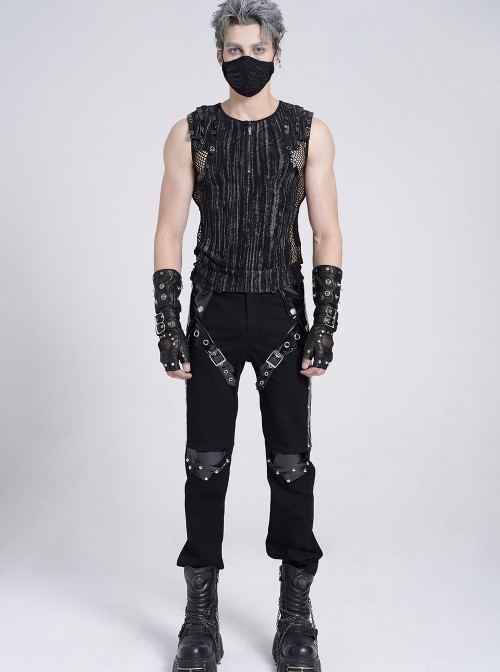 Black Tie-Dye Knitted Vest Sides Splicing Mesh Shoulders Glazed Leather Decoration Punk Style Men's Sleeveless T-Shirt
