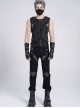 Black Tie-Dye Knitted Vest Sides Splicing Mesh Shoulders Glazed Leather Decoration Punk Style Men's Sleeveless T-Shirt