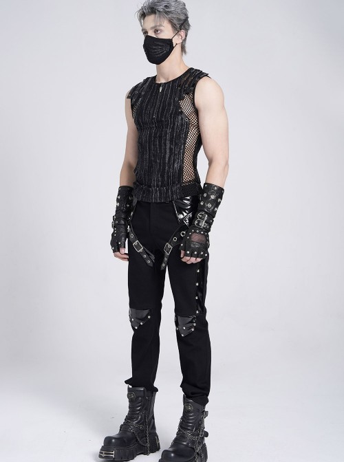Black Tie-Dye Knitted Vest Sides Splicing Mesh Shoulders Glazed Leather Decoration Punk Style Men's Sleeveless T-Shirt