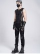 Black Tie-Dye Knitted Vest Sides Splicing Mesh Shoulders Glazed Leather Decoration Punk Style Men's Sleeveless T-Shirt