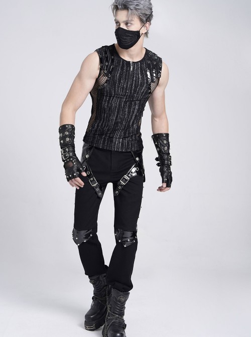 Black Tie-Dye Knitted Vest Sides Splicing Mesh Shoulders Glazed Leather Decoration Punk Style Men's Sleeveless T-Shirt